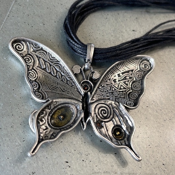TRIBAL BUTTERFLY NECKLACE multi textured multi metal layered cord chain ARTISAN - Picture 8 of 12